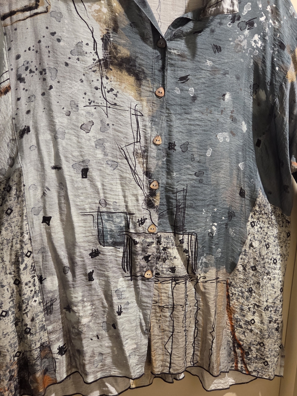Light Blue Gray Abstract Print Womens Button-Up Tunic XL - Picture 4 of 8